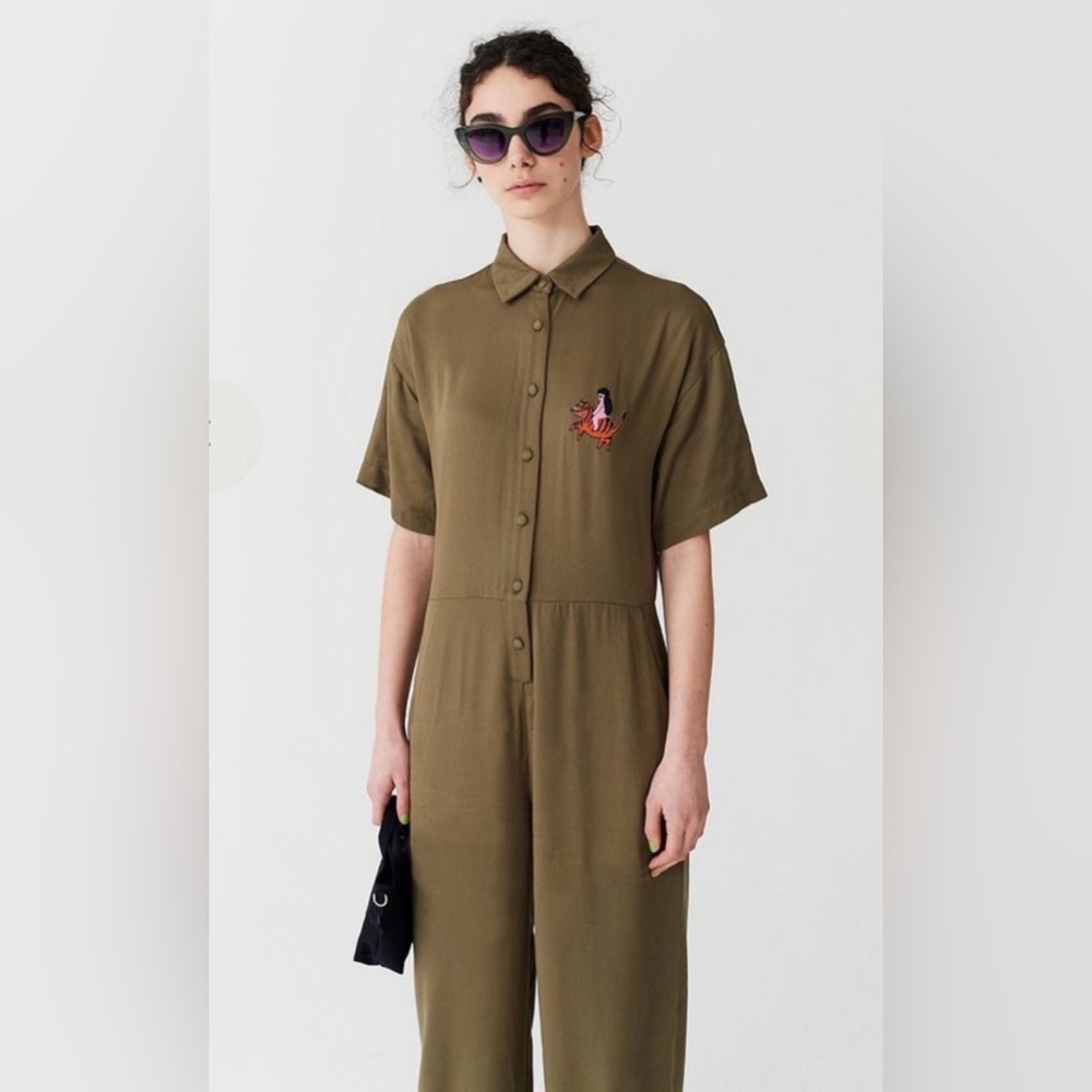 Lazy Oaf Jumpsuit No Where Tiger embroidered khaki jumpsuit